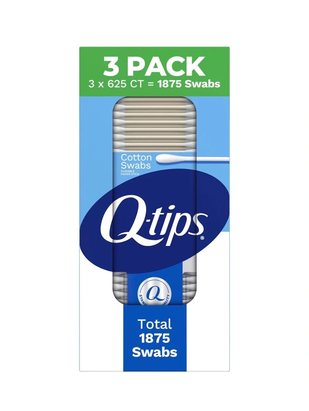 Q-tips Cotton Swabs 3-Pack (White, Blue, Green) 1875 CT.